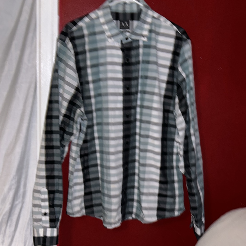 Armani Exchange Button Down Long Sleeve Gray/Green/White Plaid Shirt